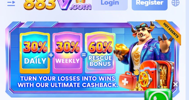 883V cashback rescue bonus and first deposit banners
