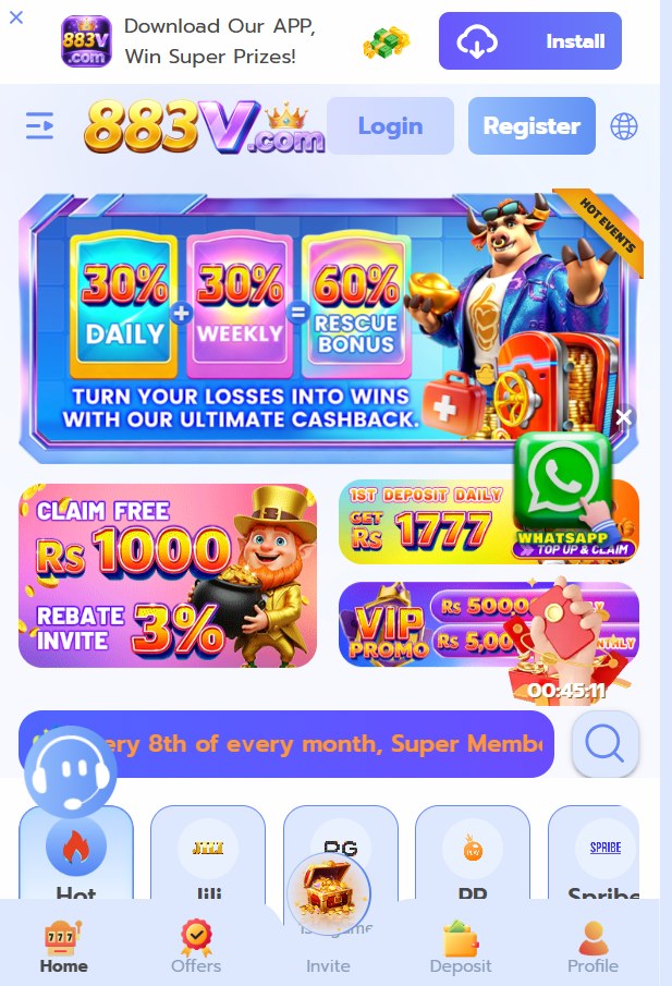 883V Game promo lobby with cashback and VIP banners